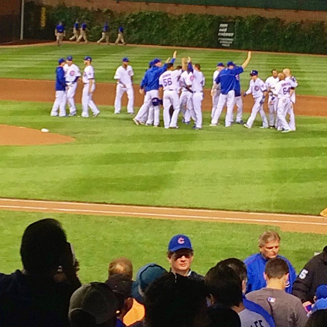 Bottom of the 9th, tied 1-1, 2 outs, 2 strikes, 1 guy on 2nd base. The pitch, the swing -- Crack Going, Going, Gone. It's gone. Inside the park home run. Cubs Win. Cubs Win! #cubs #chicago #baseball #homerum