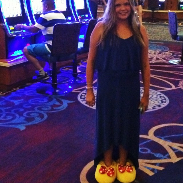 Sara wears her #disneyland slippers through the #casino at #mandalaybay to get her nice shoes from the car to go out to dinner.