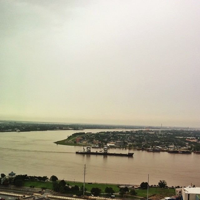 Barge takes the turn on the mighty mississip. View from our hotel.