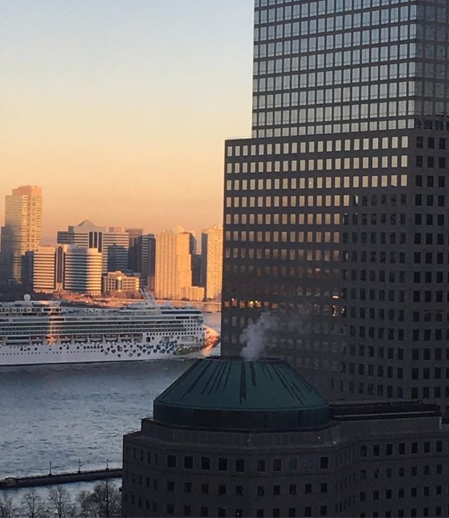 Not every day you see a cruise ship go past your hotel room right next to the #freedomtower at the #wtc