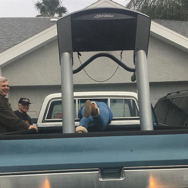 Story goes like this: treadmill, truck, keys locked inside, Sara crawls through a window to unlock.